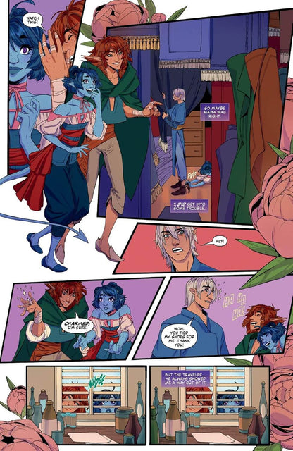 A comic book page with multiple illustrated panels showing a group of blue-skinned humanoid characters and a red-haired woman in a room, with speech bubbles and a small interior scene at the bottom.