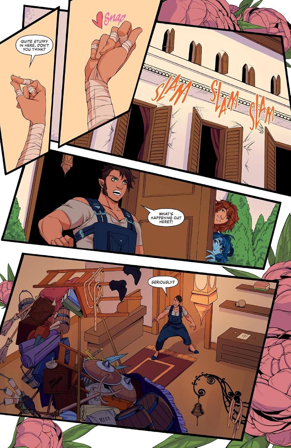 A comic-style illustrated page with multiple panels showing a man in blue overalls interacting with a woman and a child in a room, with a building facade and pink floral elements around the edges.