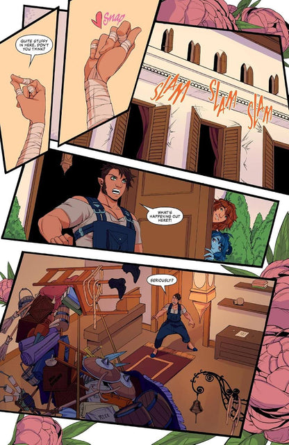A comic-style illustrated page with multiple panels showing a man in blue overalls interacting with a woman and a child in a room, with a building facade and pink floral elements around the edges.