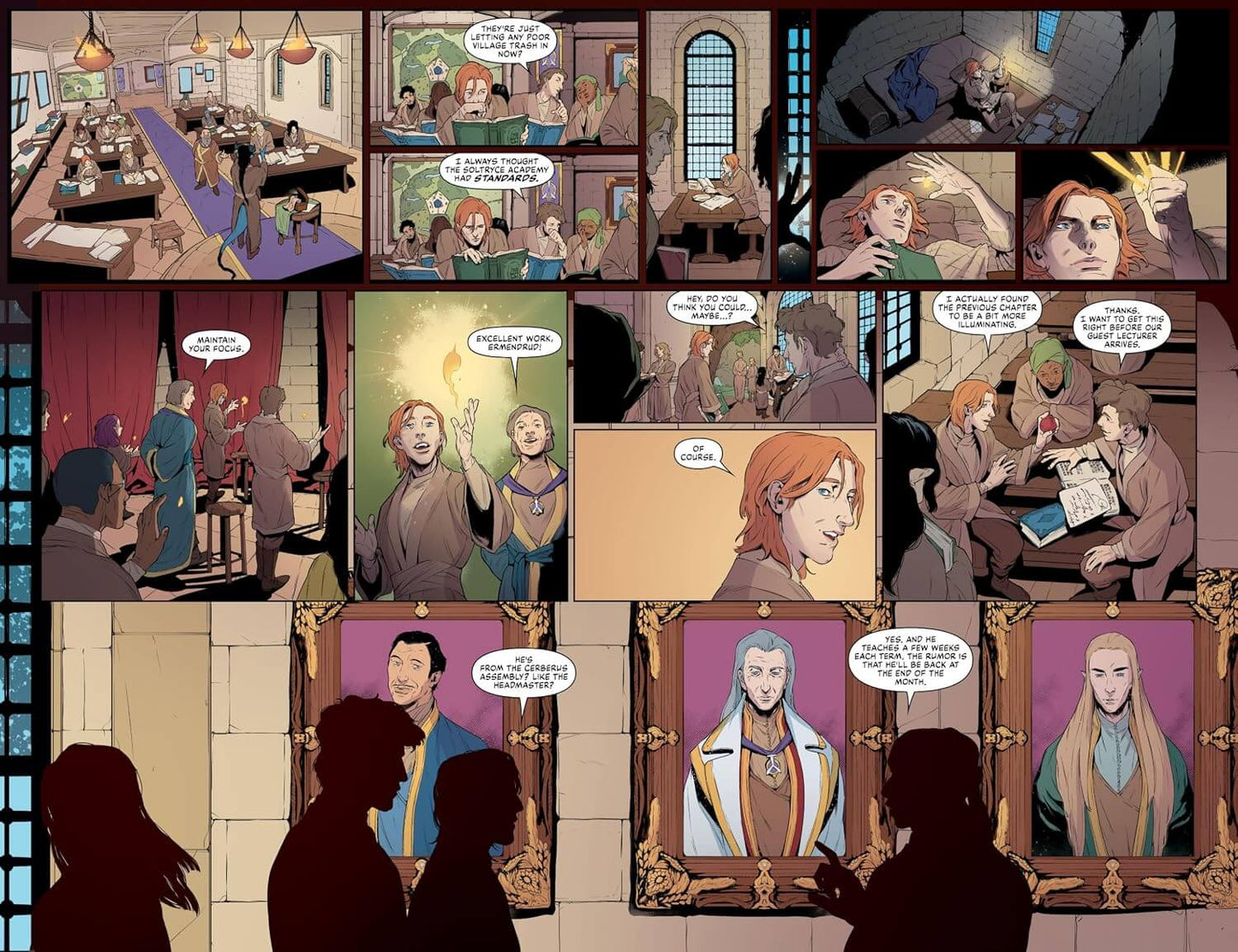 A comic-style illustrated page composed of multiple panels showing a group of people in an indoor scene, with speech bubbles and framed portraits at the bottom.
