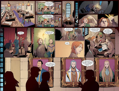 A comic-style illustrated page composed of multiple panels showing a group of people in an indoor scene, with speech bubbles and framed portraits at the bottom.