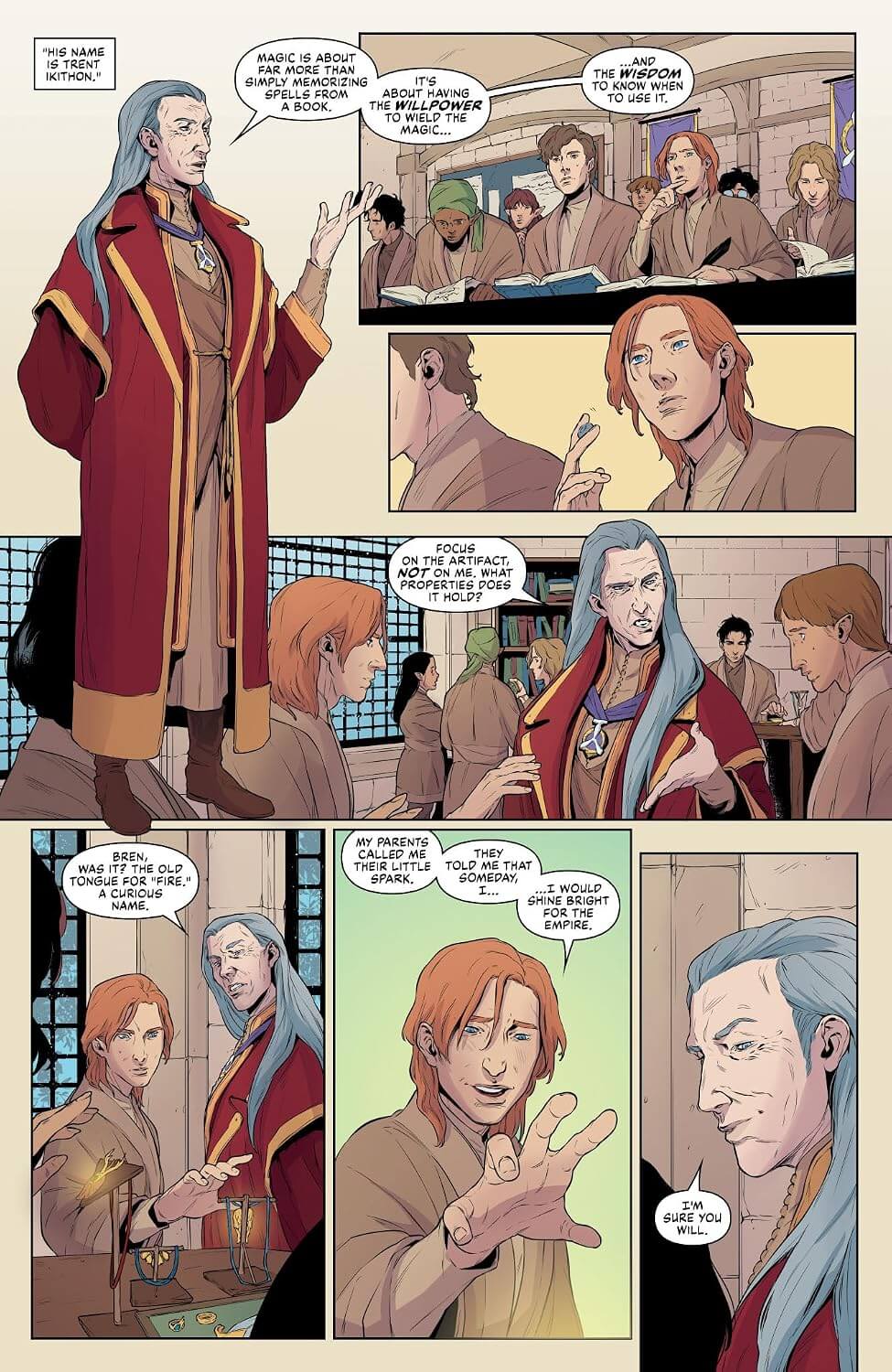A comic-style illustrated page with multiple panels showing several people in a room, including a prominent figure in a red robe speaking with others. Speech bubbles and panel borders are visible.