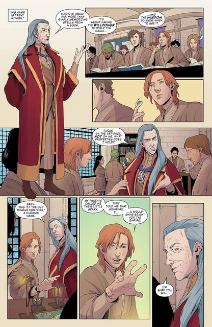 A comic-style illustrated page with multiple panels showing several people in a room, including a prominent figure in a red robe speaking with others. Speech bubbles and panel borders are visible.