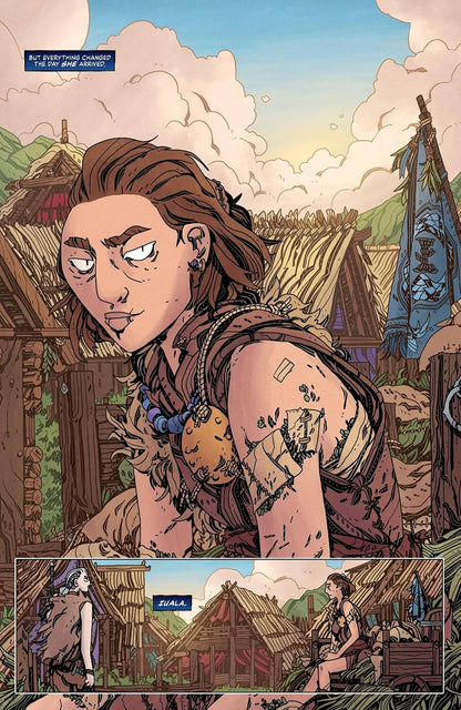 Comic book style illustration showing a woman in a rustic outdoor village setting, with a large inset panel at the bottom showing the same scene from another angle. The artwork includes detailed character design, clothing, and environment, but no clear retail product is isolated.