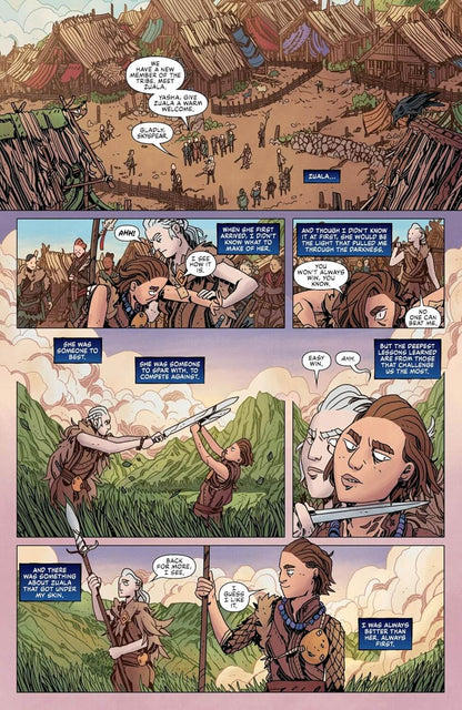 A comic-style illustrated scene showing a large fortified village with many people, followed by several panels of people in a grassy outdoor setting, including a close-up of a woman's face and dialogue bubbles. 