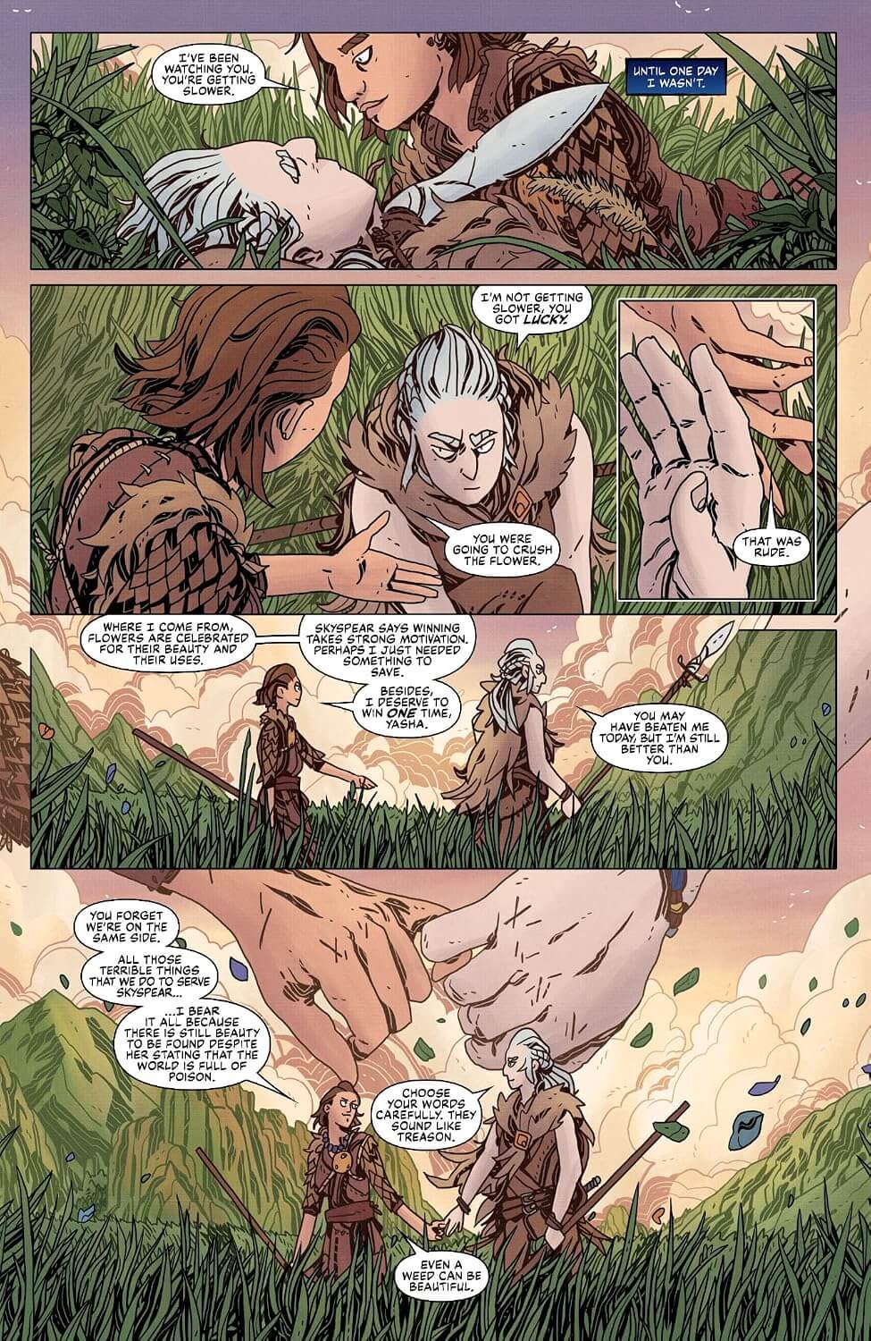A four-panel comic book page showing two people in a grassy outdoor setting, with speech bubbles and a close-up inset of hands. The art uses earthy tones with tan, brown, green, and beige.