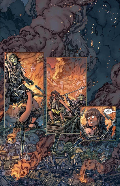 Comic book style illustration showing a dramatic battle scene with multiple inset panels, dark smoke, fire, and a starry night sky. A character with a large head is visible in the left inset, and another character appears in the lower right inset.