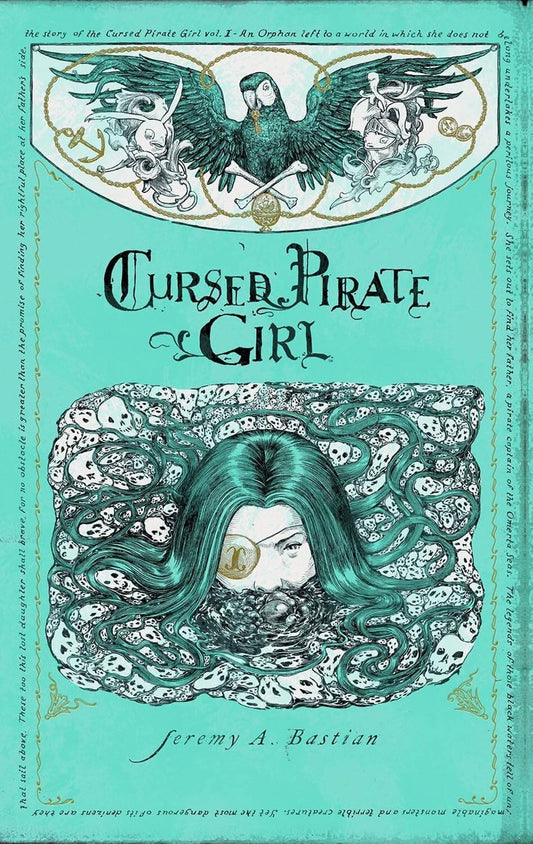 Cover of 'Cursed Pirate Girl' book featuring an illustrated character with green hair and a pirate hat, surrounded by sea creatures and waves.