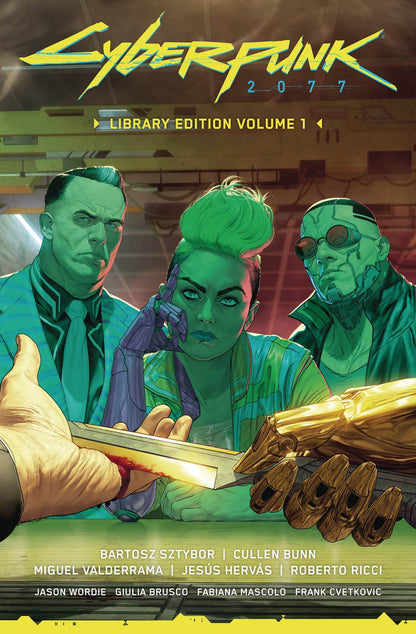 Cover of the 'Cyberpunk Library Edition Vol. 01' featuring three stylized characters in a dimly lit setting, engaging in a heated conversation, with a library-edition tag and a cover gallery mention.
