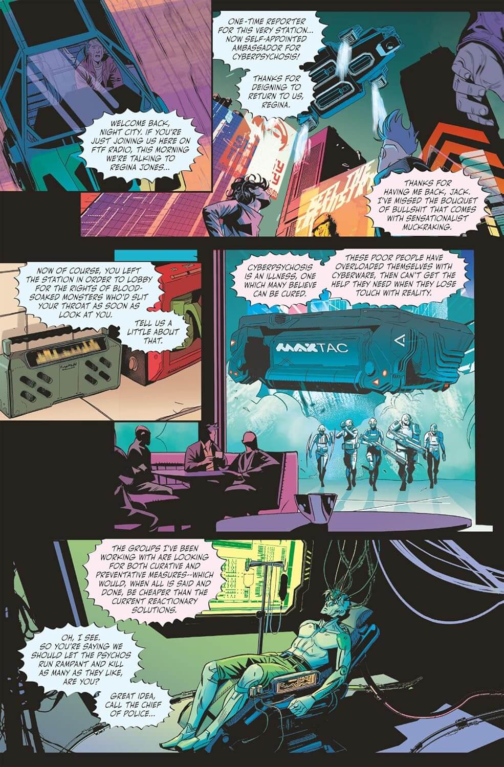 A comic book page with multiple illustrated panels showing a futuristic sci-fi scene, characters in suits and armor, dialogue bubbles, and a large blue machine labeled AMOR TAC.