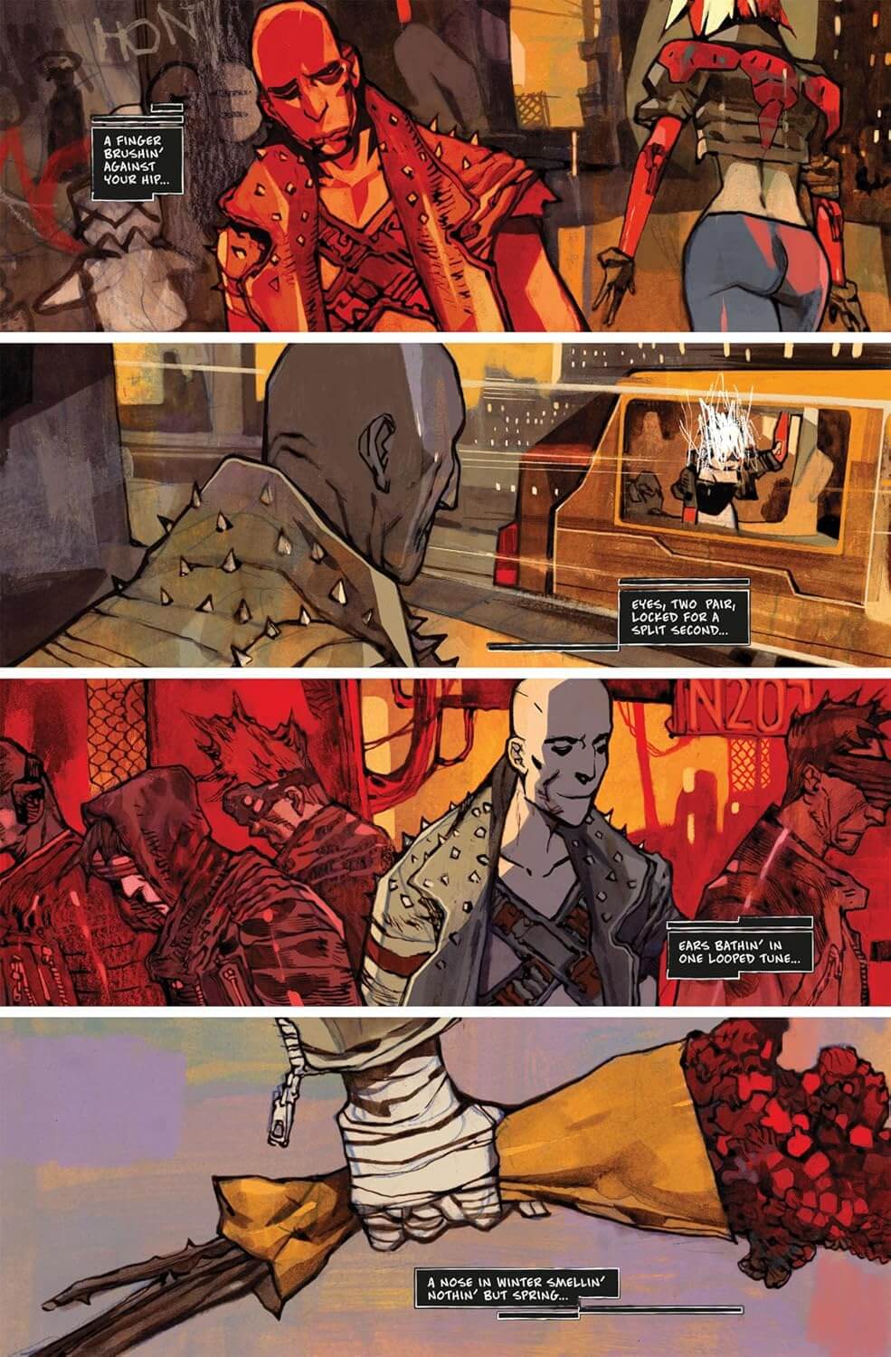 Comic book panel sequence with characters in a gritty urban setting