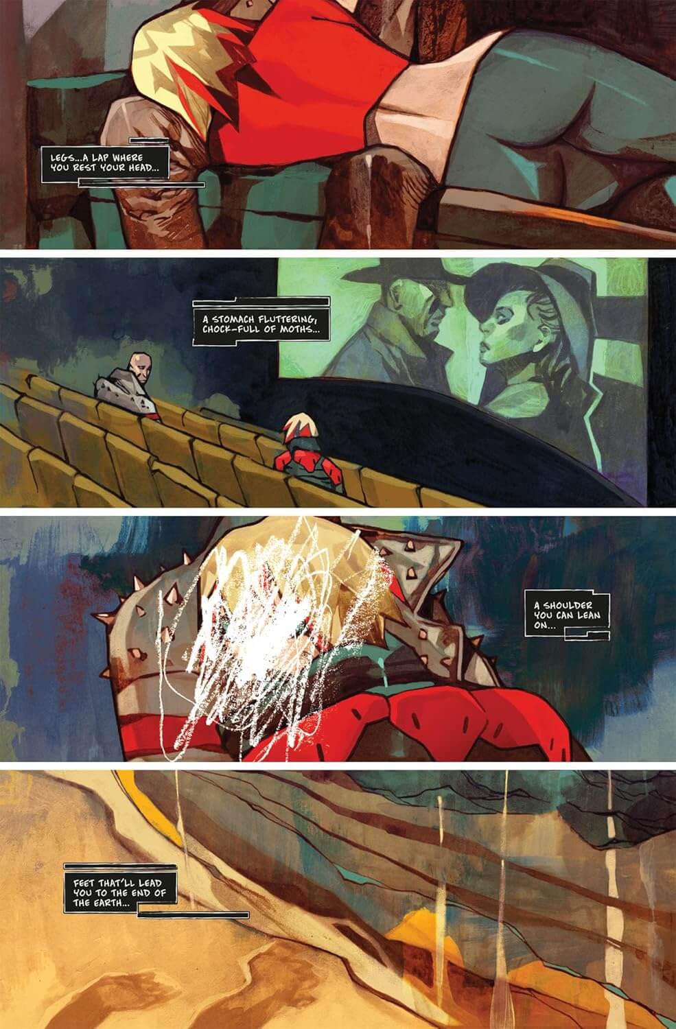 Comic book panel sequence with characters in a desert setting