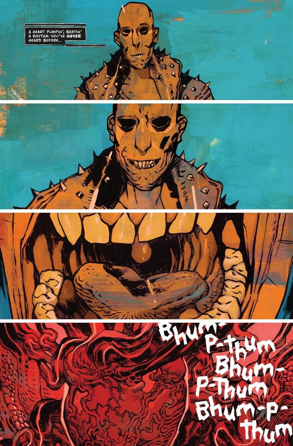 Comic book panel with a muscular character and a red dragon-like creature.
