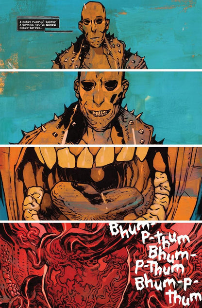 Comic book panel with a muscular character and a red dragon-like creature.