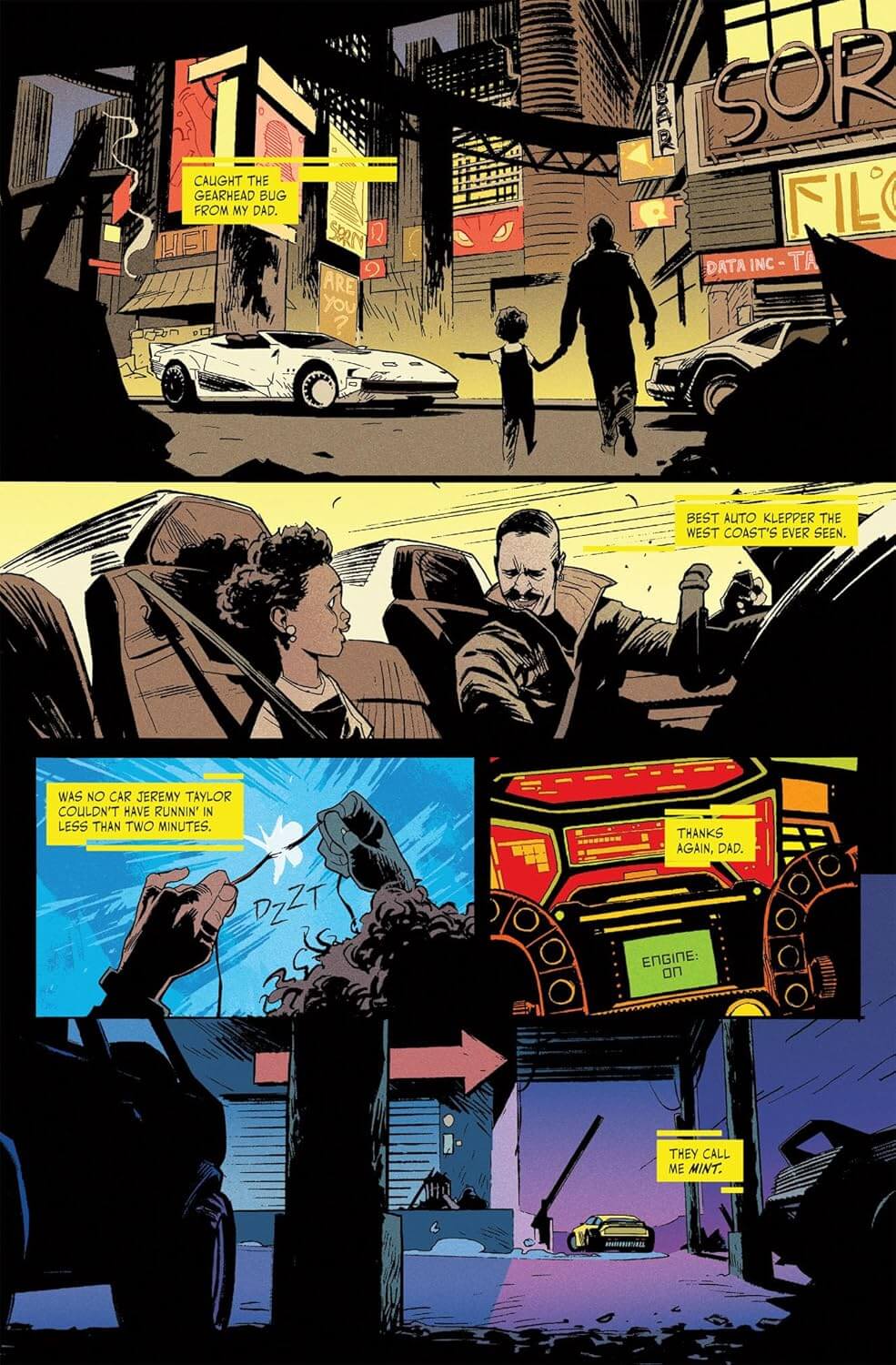 Comic book panel with urban street scene, car interior, and character interactions.