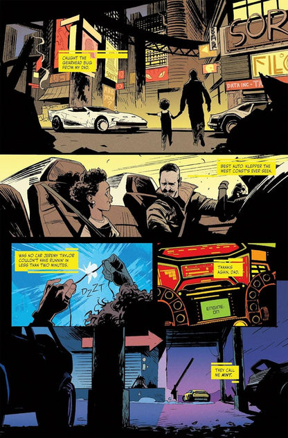 Comic book panel with urban street scene, car interior, and character interactions.