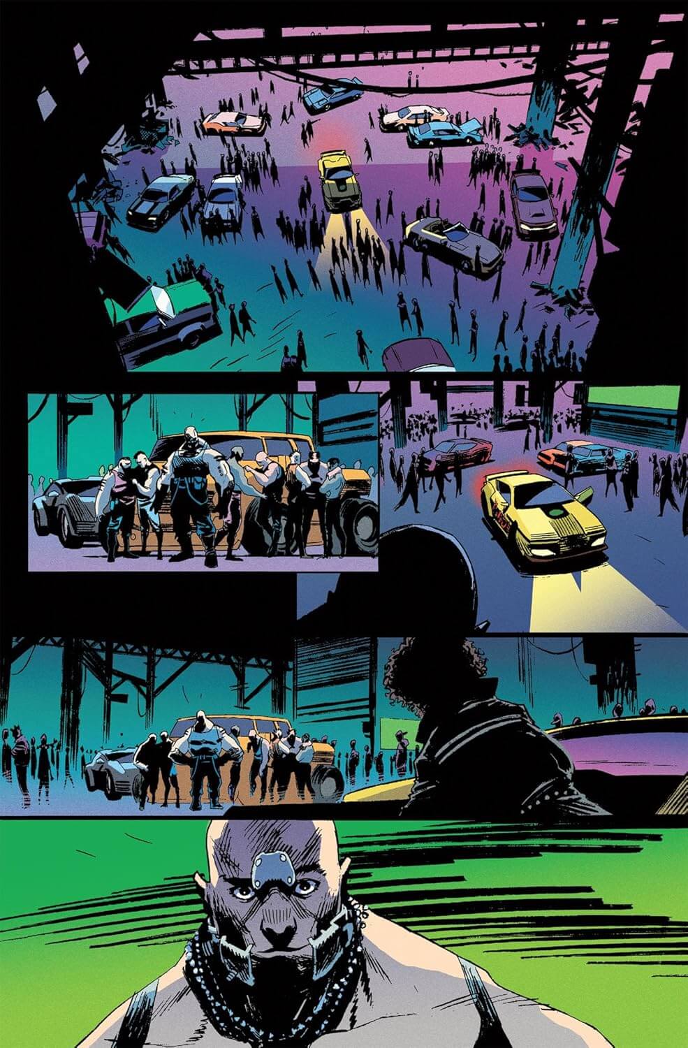Comic book panel sequence with police cars and characters in a parking lot.