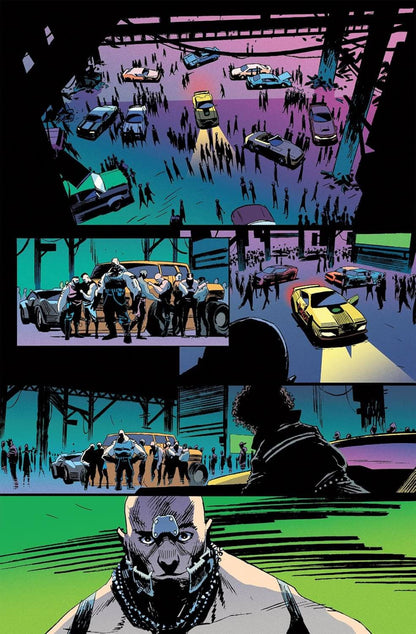 Comic book panel sequence with police cars and characters in a parking lot.