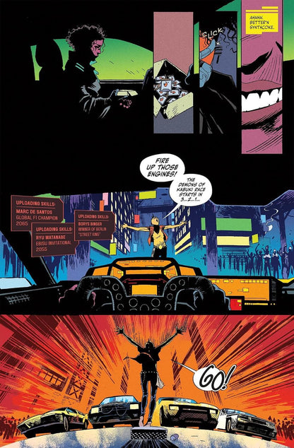 Comic book panel with dynamic action scene featuring a character in a yellow suit and a silhouette of a person with 'GO!' text.