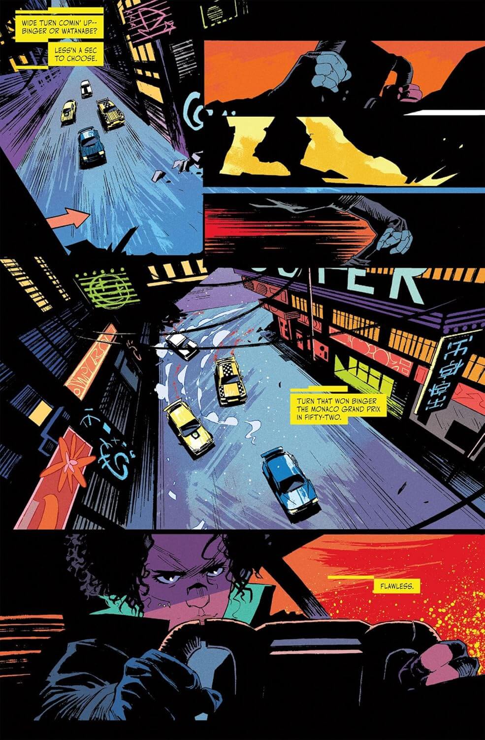 Comic book panel with a city street scene, car chase, and character close-up.