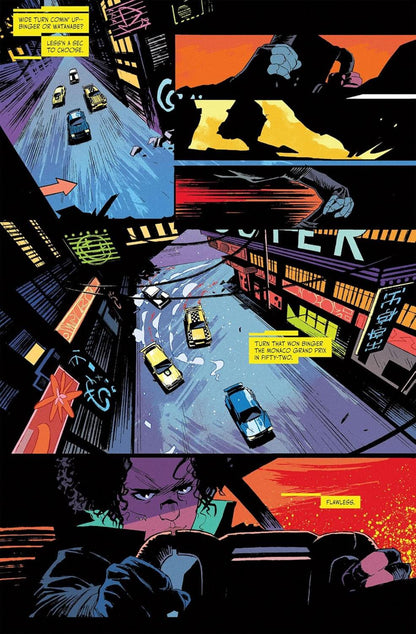 Comic book panel with a city street scene, car chase, and character close-up.