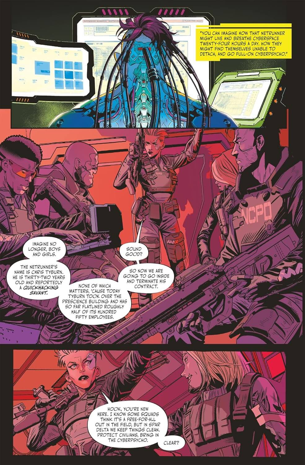 A comic book or graphic novel page with multiple illustrated panels showing a futuristic scene. Several characters are visible in a red and purple-toned interior, with speech bubbles containing text and a large central figure in a blue and green outfit.