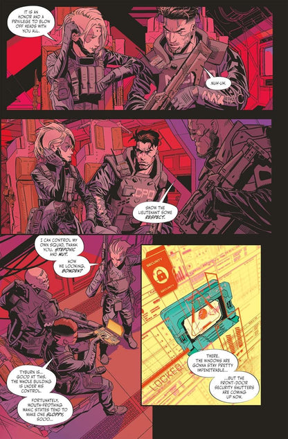 A comic book page with four panels showing several armed men in a red and purple-toned interior, plus a yellow panel with a teal device and speech bubbles with text.