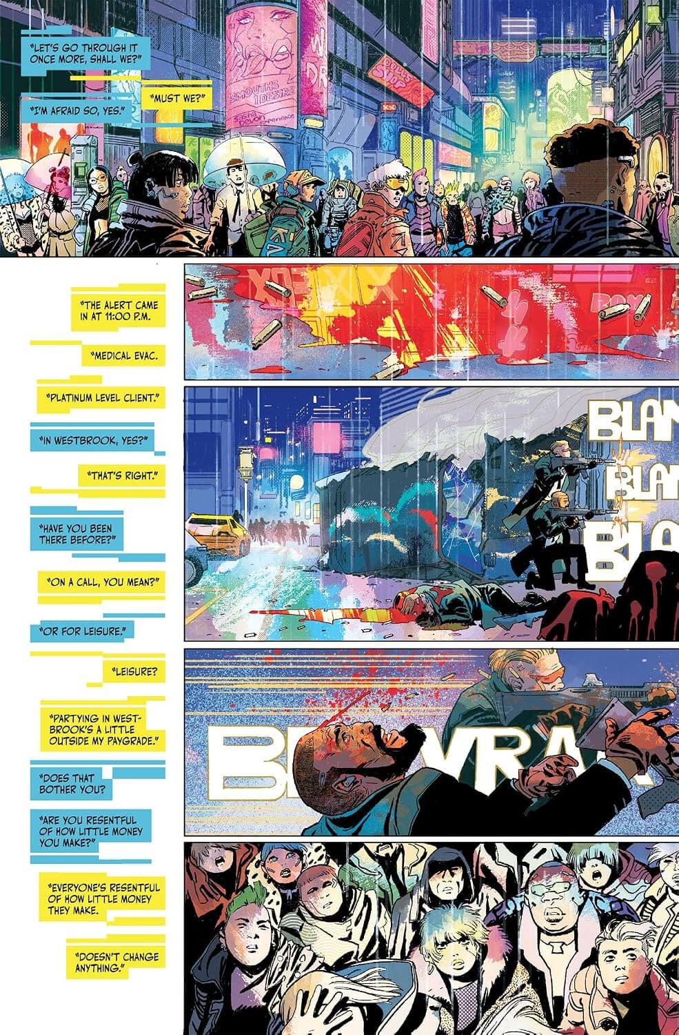 Comic book panel with dynamic cityscape and characters, featuring the word 'BOOM'.