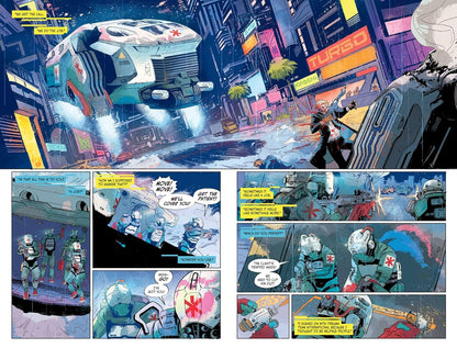 Comic book style illustration of a futuristic cityscape with robots and a spaceship.