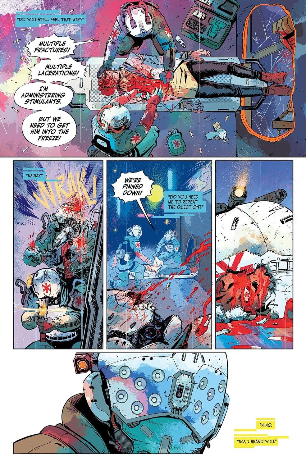 A comic book page with multiple panels showing a sci-fi scene in a laboratory. Characters in blue hazmat suits are shown operating a machine, with one figure lying on a table and another character shouting, 'Multiple fractures! Multiple lacerations! I'm administering stimulants! But I need to get him into the freezer.