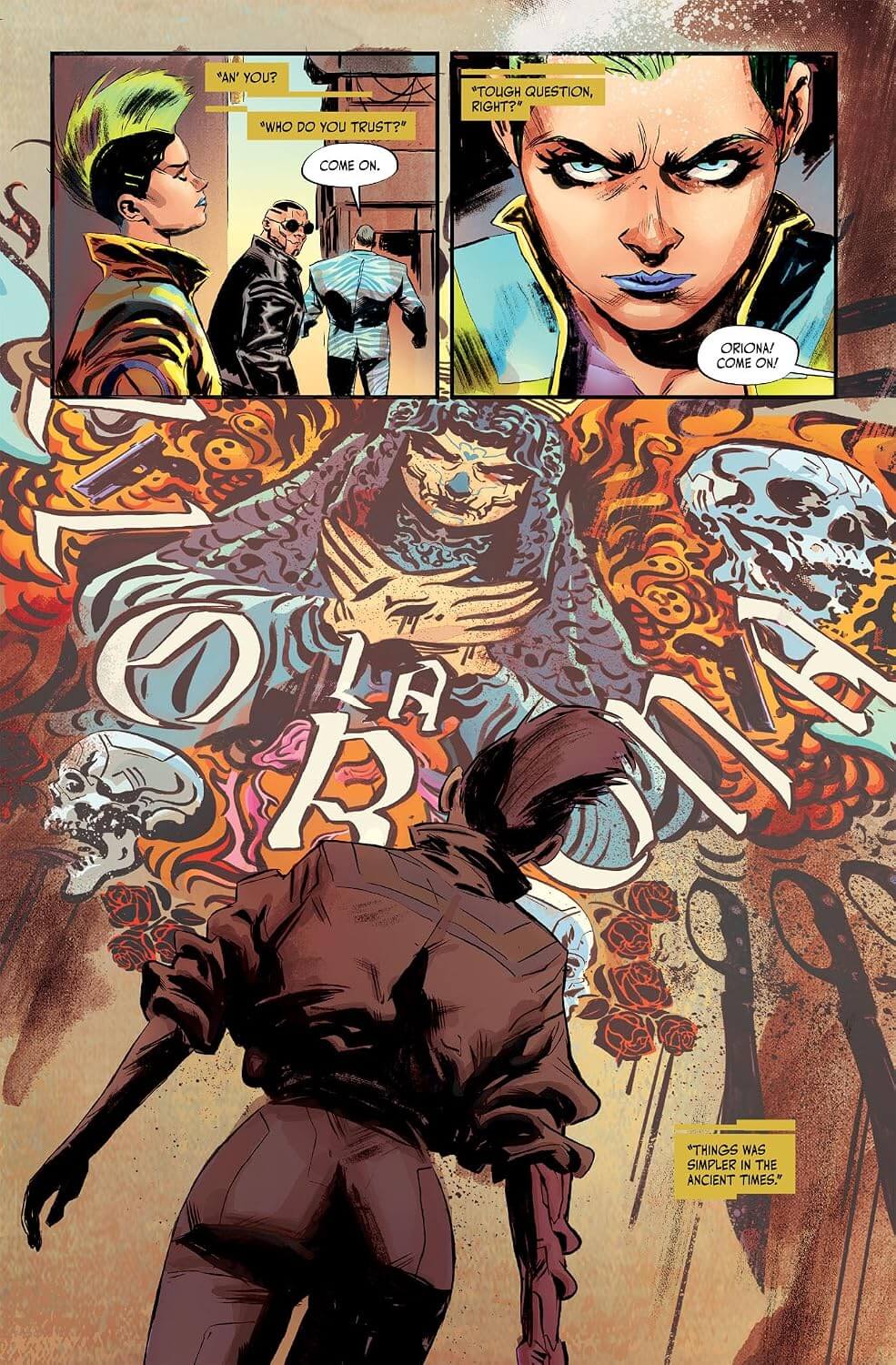 Comic book page featuring illustrated panels with a stylized character in dark clothing, skulls, flames, and large decorative text on a tan background.