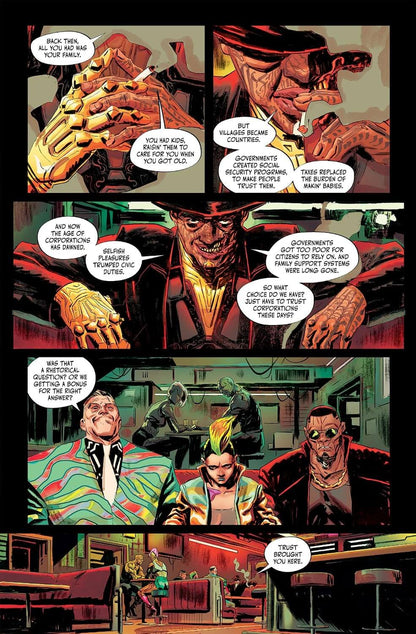 Comic book panel with characters in a bar setting, featuring dialogue bubbles.