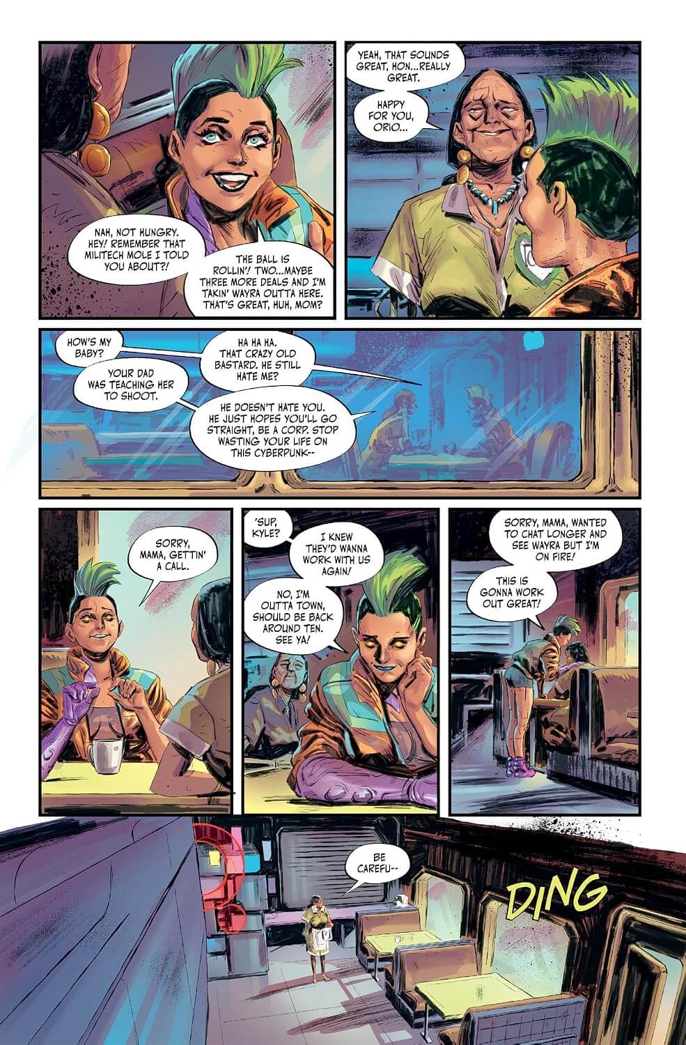 Comic book page with character interactions in a futuristic setting