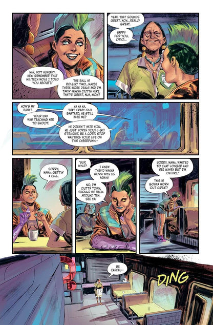 Comic book page with character interactions in a futuristic setting