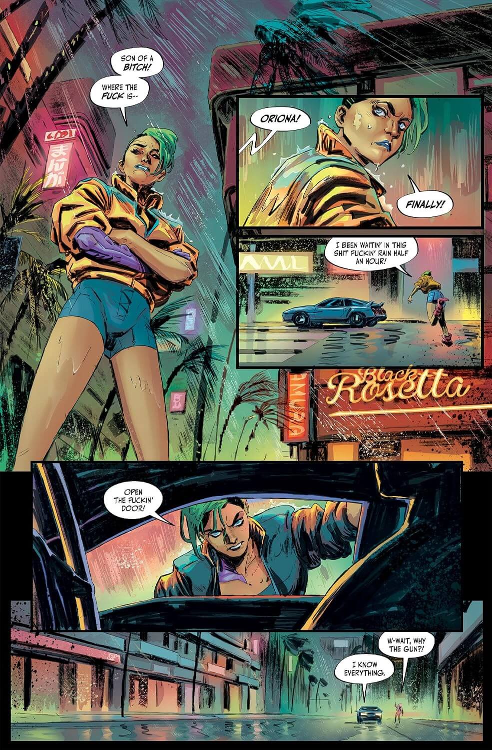 Comic book panel with a character in an urban setting, featuring dialogue bubbles and a neon sign.