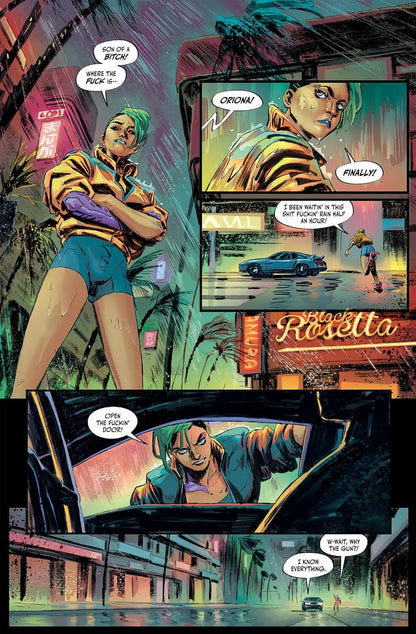 Comic book panel with a character in an urban setting, featuring dialogue bubbles and a neon sign.