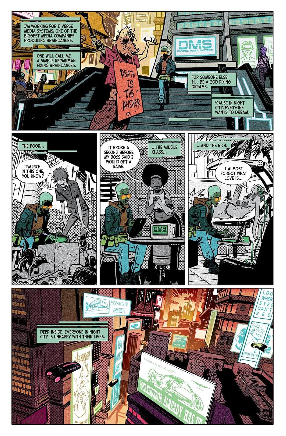 A comic book page with multiple panels showing a futuristic city scene, illustrated in a black, white, and yellow style with some panels in muted teal, green, and brown tones. Speech bubbles and text boxes appear throughout the artwork.
