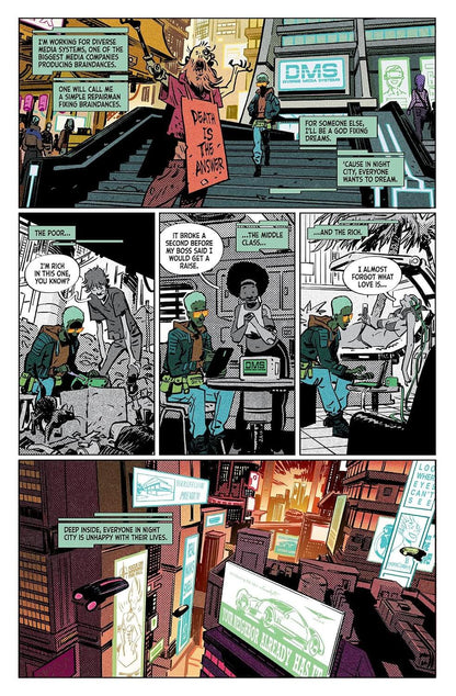 A comic book page with multiple panels showing a futuristic city scene, illustrated in a black, white, and yellow style with some panels in muted teal, green, and brown tones. Speech bubbles and text boxes appear throughout the artwork.