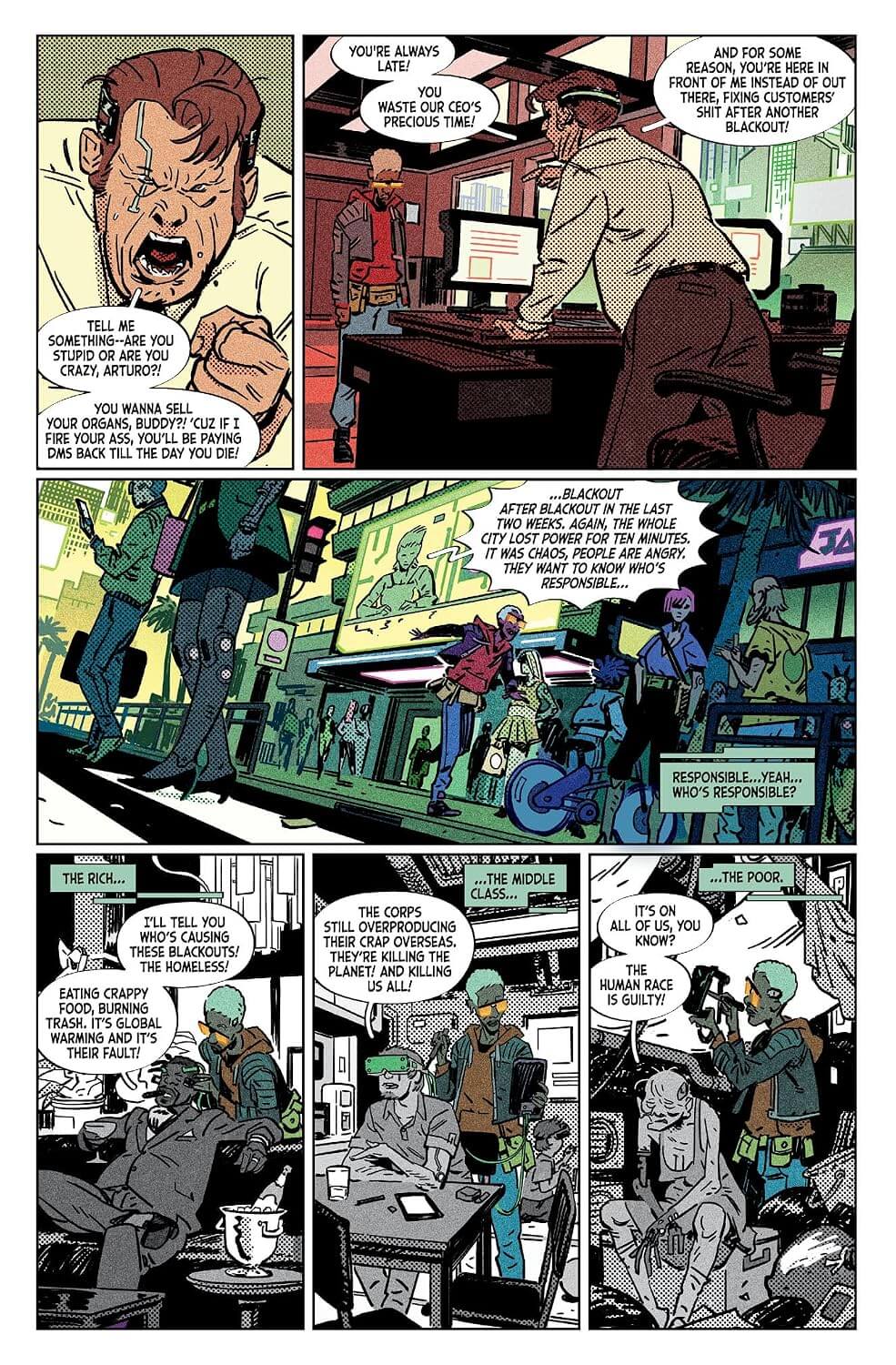 A comic book page with multiple illustrated panels showing a dramatic street scene and an intense face-to-face confrontation, rendered in black, white, and gray with muted blue and red accents.