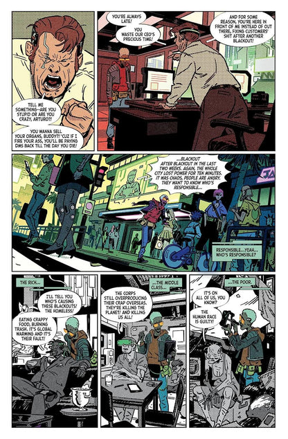 A comic book page with multiple illustrated panels showing a dramatic street scene and an intense face-to-face confrontation, rendered in black, white, and gray with muted blue and red accents.