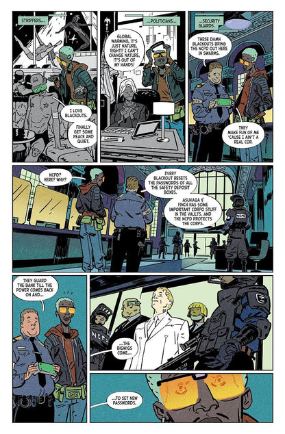 Comic book page with police officers and civilians in a tense situation.