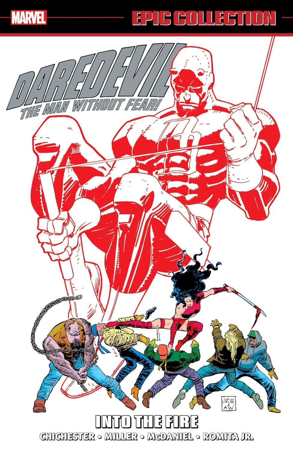 Comic book cover featuring Daredevil and other characters with a red and white color scheme.