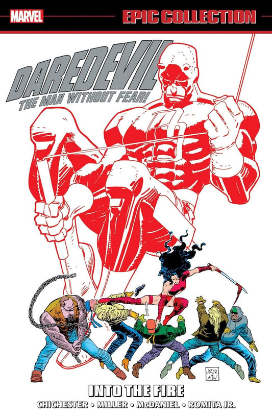 Comic book cover featuring Daredevil and other characters with a red and white color scheme.