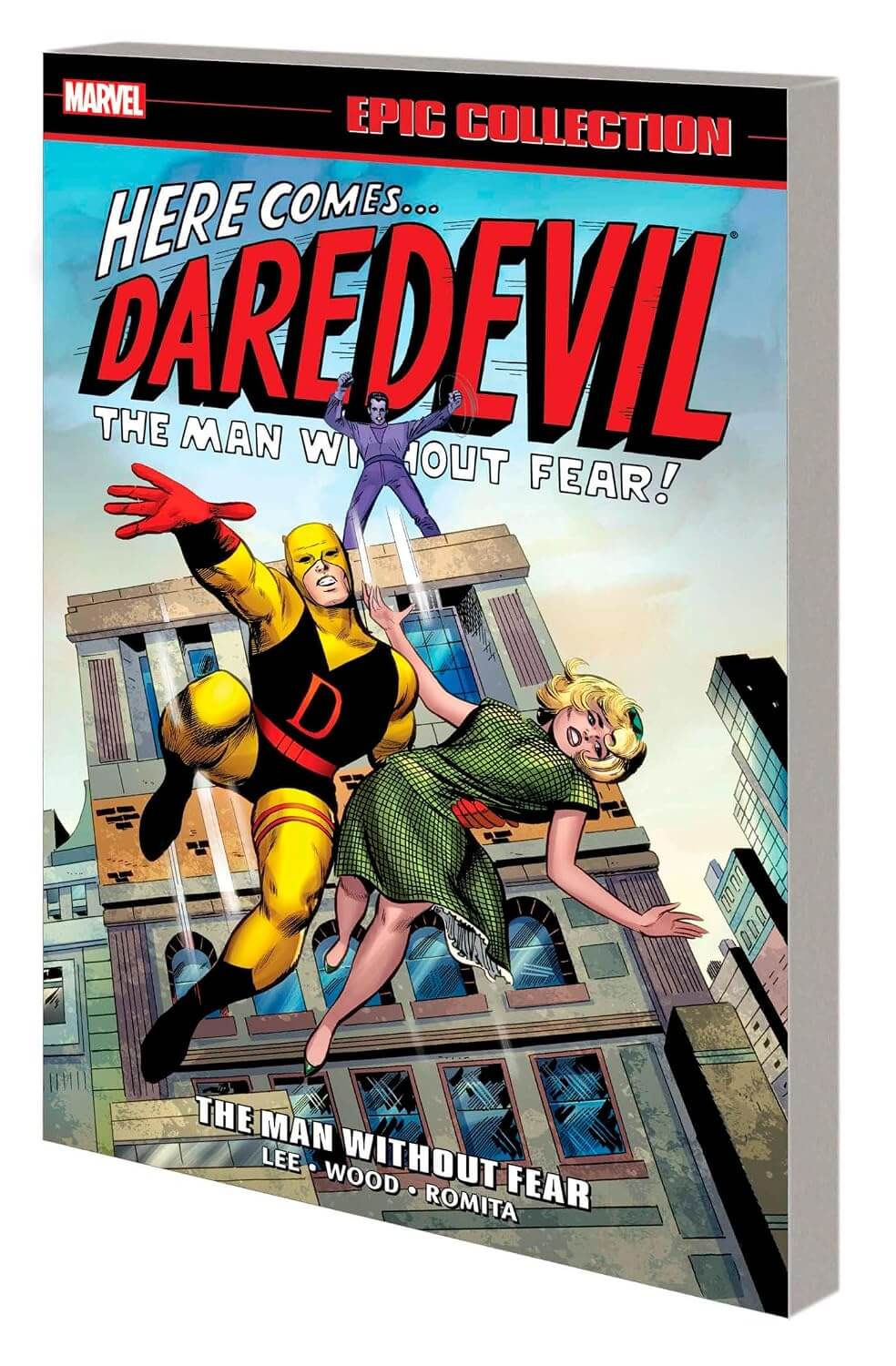 Cover of the graphic novel collection titled 'Daredevil Epic Collection: The Man Without Fear!' featuring a character in a yellow costume with red accents, jumping in the air with a cityscape in the background.