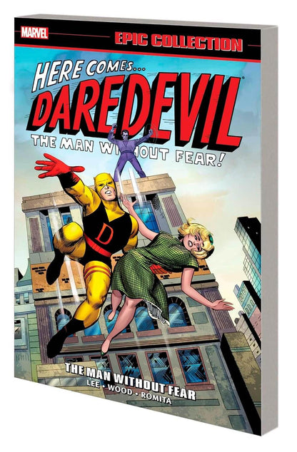 Cover of the graphic novel collection titled 'Daredevil Epic Collection: The Man Without Fear!' featuring a character in a yellow costume with red accents, jumping in the air with a cityscape in the background.