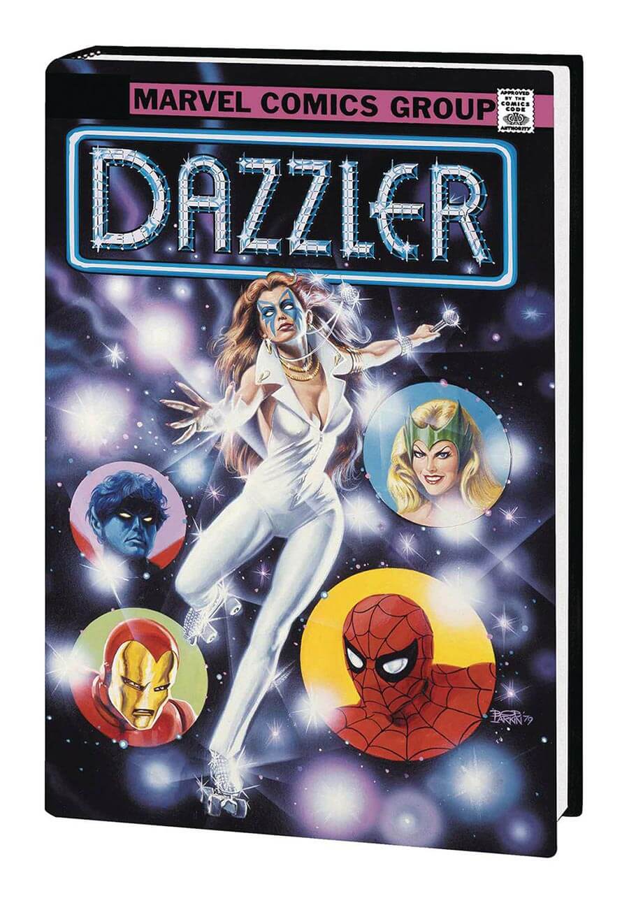 Marvel Comics Group Dazzler omnibus book cover shown as a hardcover volume against a plain white background. The cover features Dazzler in a white bodysuit with blue energy effects, surrounded by circular portraits of other Marvel characters including Scarlet Witch, Captain America, Iron Man, and Spider-Man.