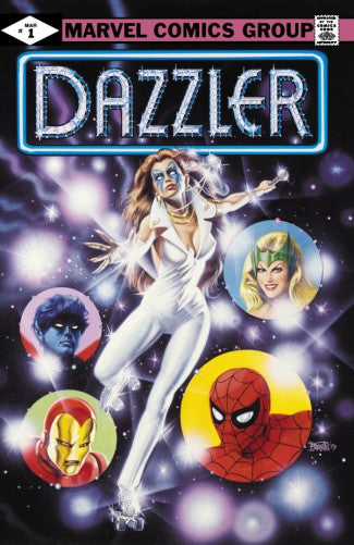 Marvel Comics Group Dazzler omnibus book cover featuring a cosmic purple and black background with Dazzler in a white bodysuit at center, surrounded by circular portraits of Wolverine, Hawkgirl, Blue Beetle, Iron Man, and Spider-Man.