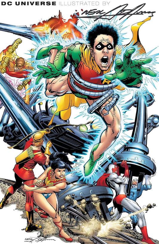 Comic book cover art for DC Universe Illustrated by Neal Adams, featuring Robin Hood flying forward with a gun, Wonder Woman and Cyborg beside him, and other DC characters in an action scene on a white background.