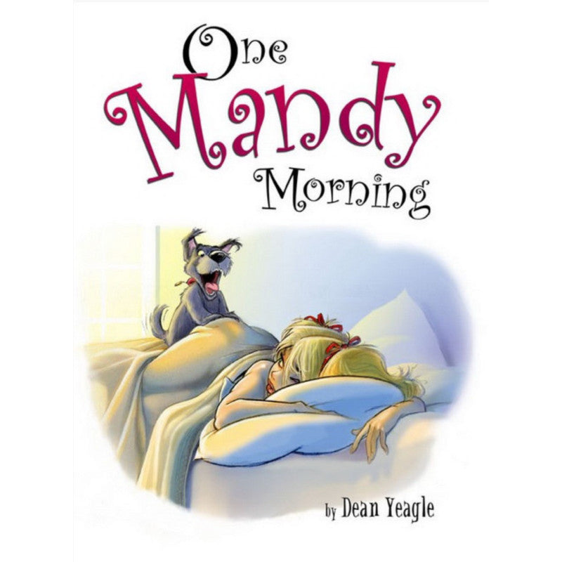 Cover of 'One Mandy Morning' sketchbook showing an illustration of a person lying in bed with a dog on the side, with the artist's signature at the bottom.