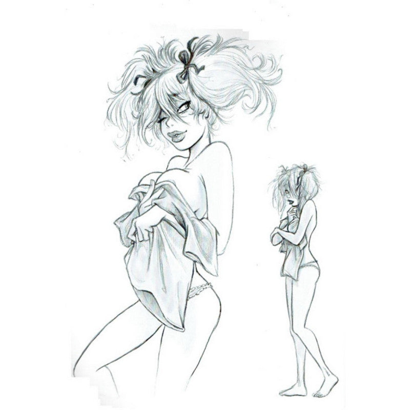 A black and white pencil sketch of an anime-style girl with messy hair, shown in two poses on a plain white background.